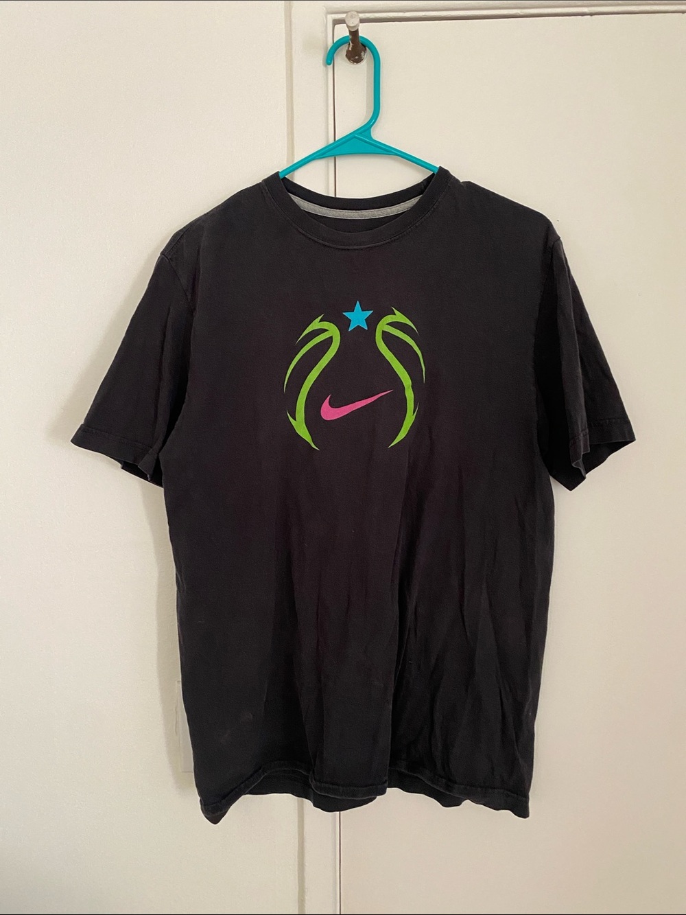 Nike Black Tee with Pink Swoosh and Neon Green Accents